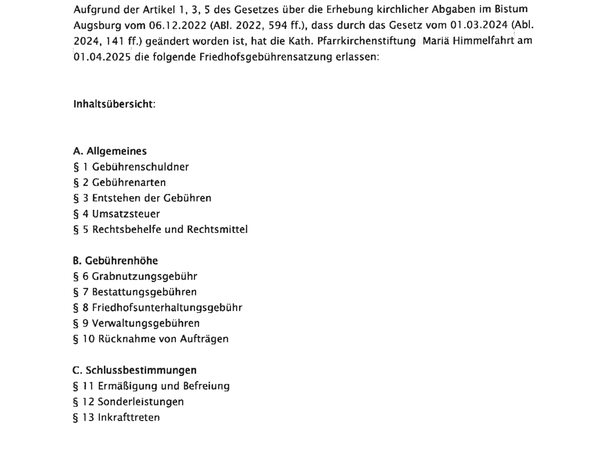 Satzung zu den Friedhofsgebühren in Ettenbeuren 