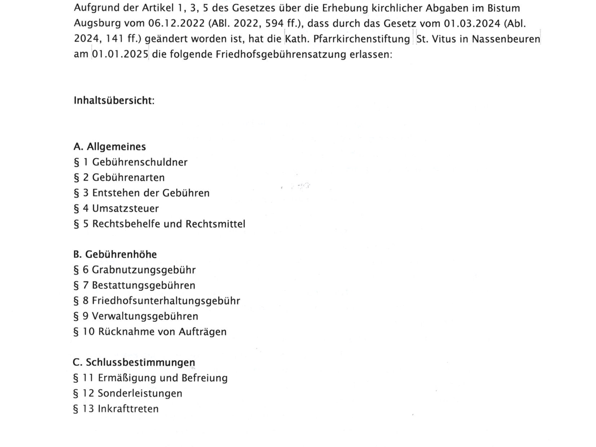 Gebührensatzung des Friedhofs der Kath. Pfarrkirchenstiftung St. Vitus Nassenbeuren