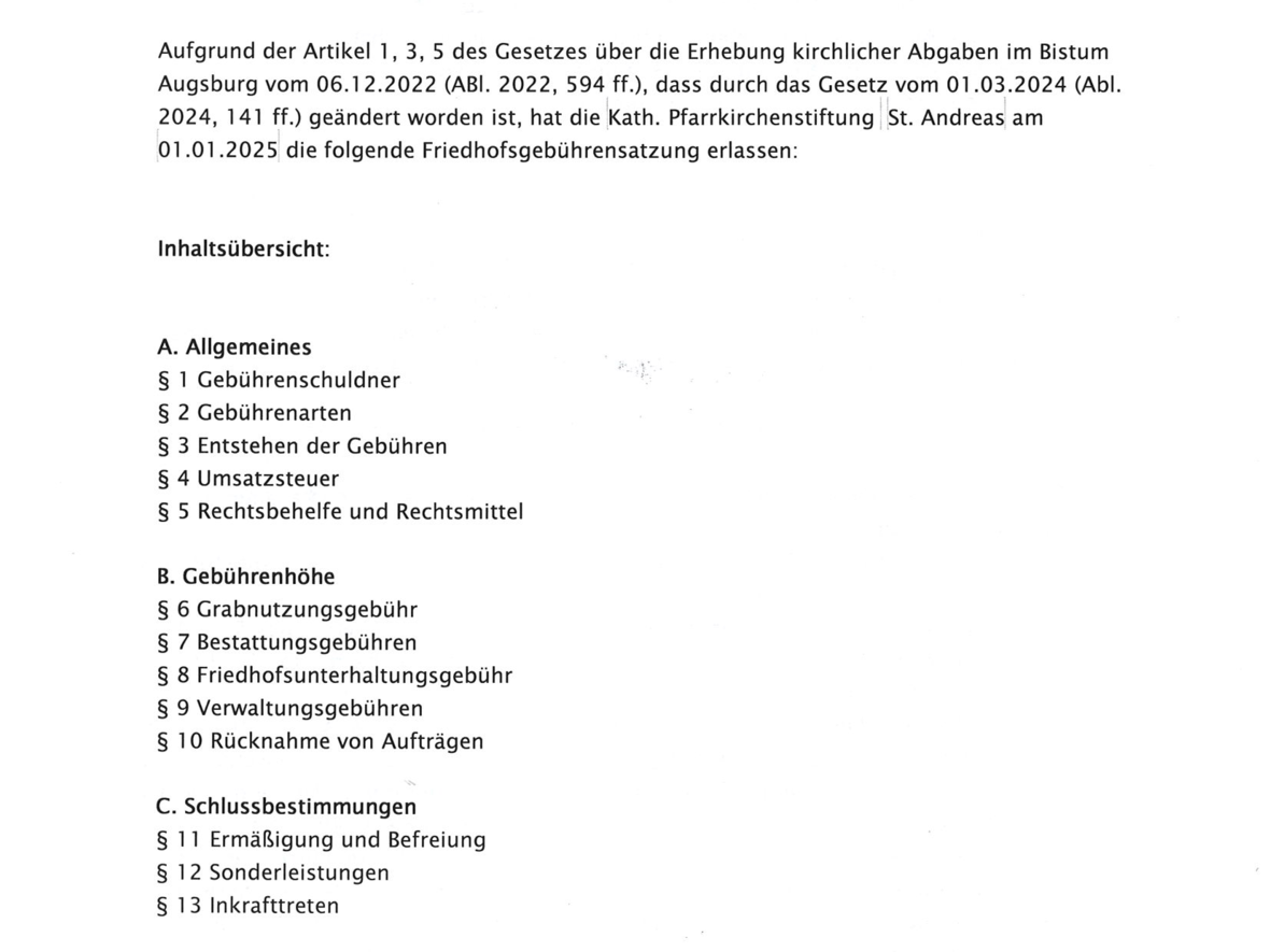 Friedhofsgebührensatzung des kath. Friedhofs in Westernach gültig ab dem 01.01.2025