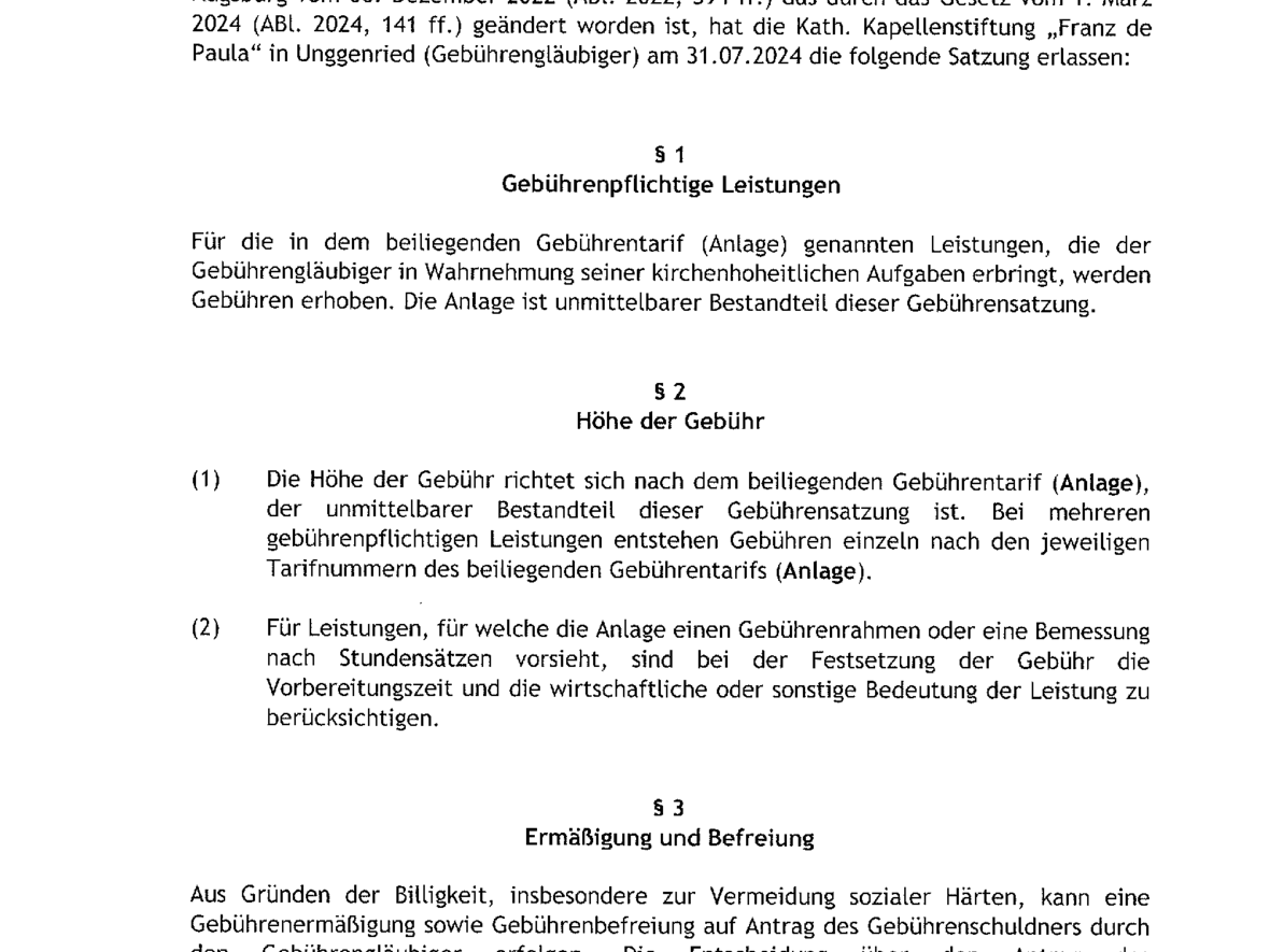 Gebührensatzung der Kapellenstiftung Franz de Paula Unggenried gültig ab 01.09.2024