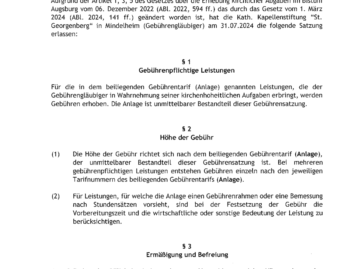 Gebührensatzung der Kapellenstiftung St. Georgenberg Mindelheim gültig ab 01.09.2024