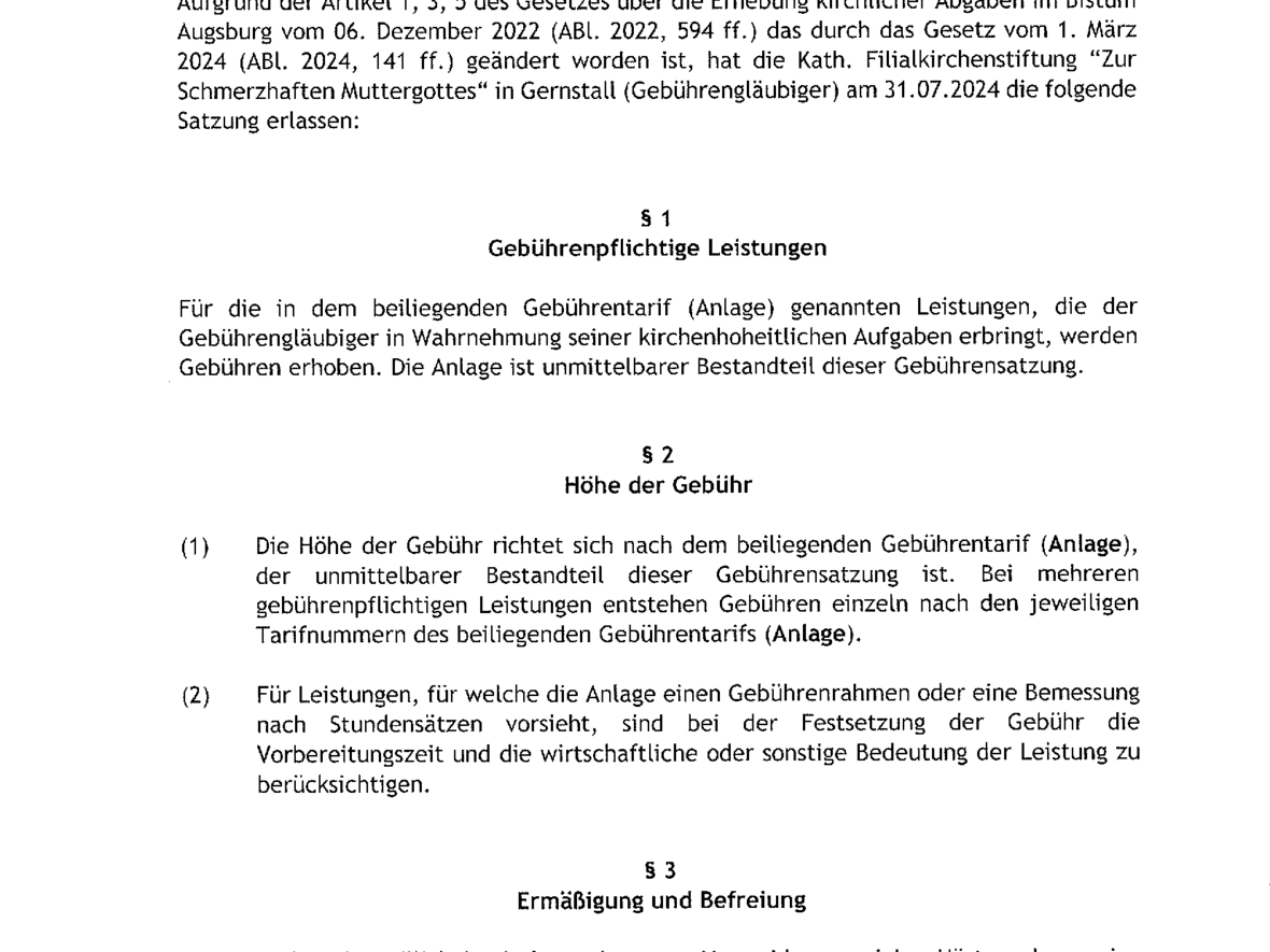 Gebührensatzung der Filialkirchenstiftung Zur Schmerzhaften Muttergottes Gernstall gültig ab 01.09.2024
