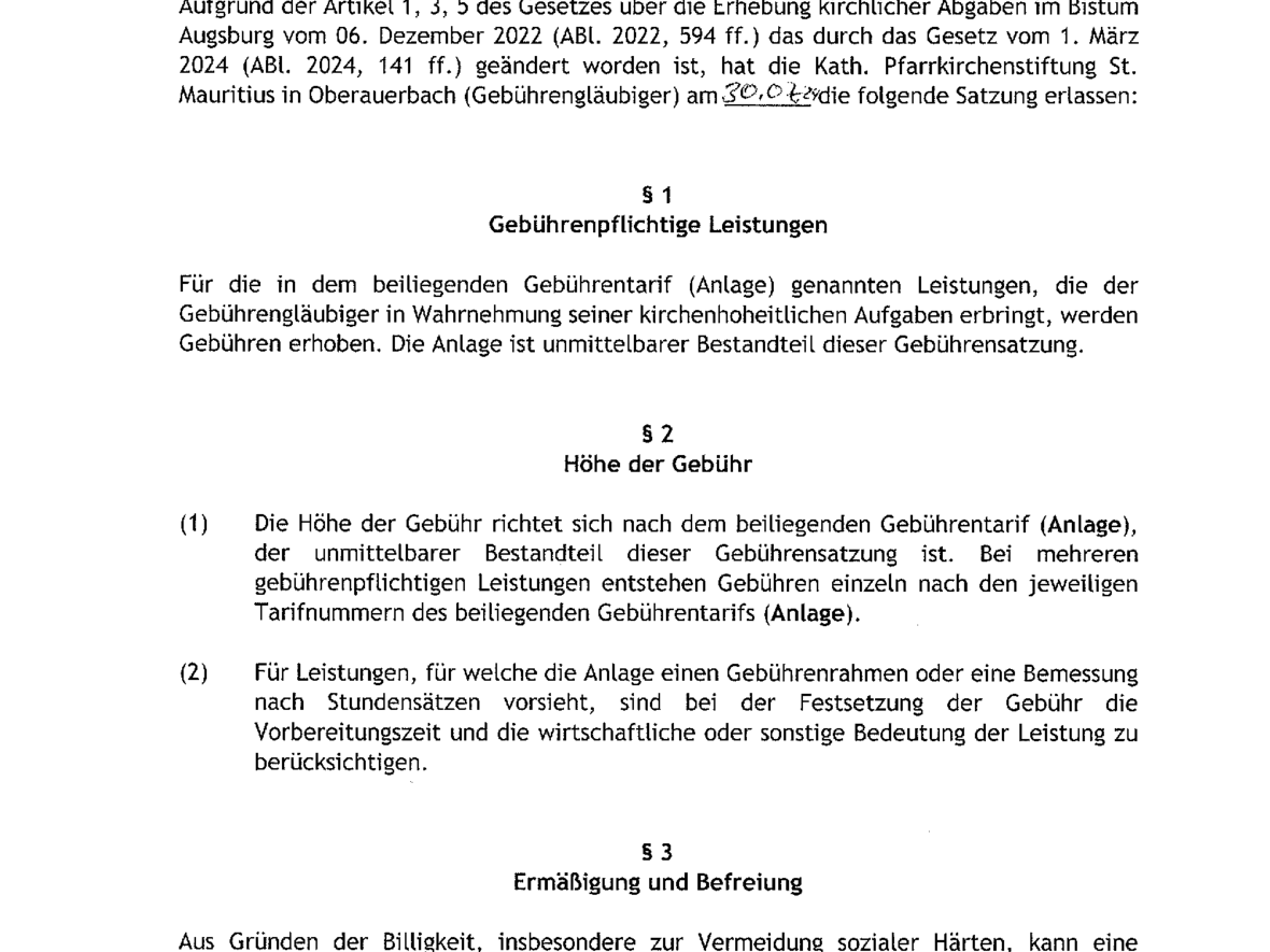 Gebührensatzung der Pfarrkirchenstiftung St. Mauritius Oberauerbach gültig ab 01.09.2024