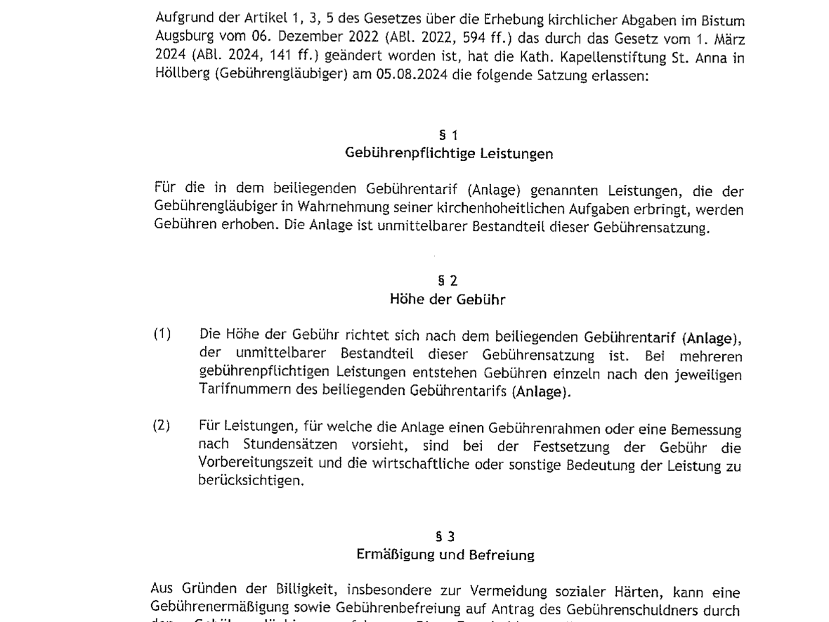 Gebührensatzung der Kapellenstiftung St. Anna Höllberg gültig ab 01.09.2024