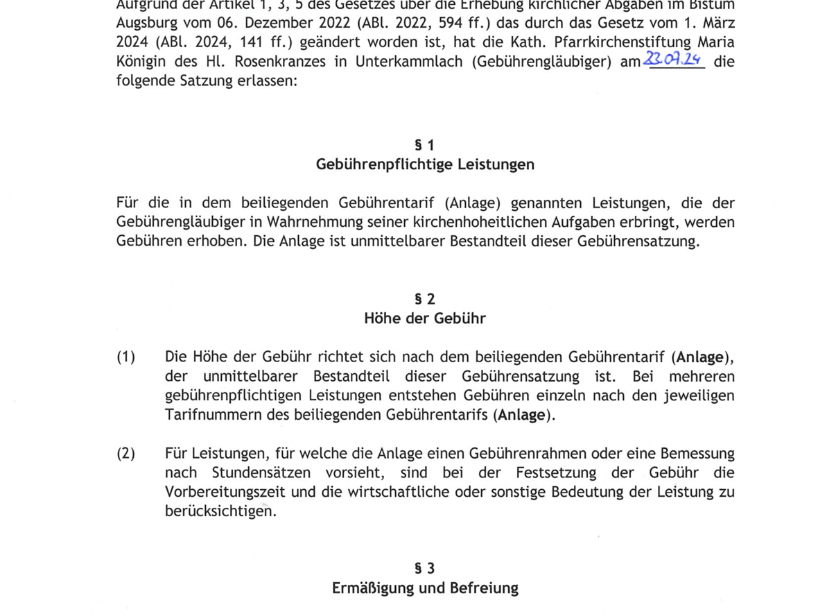 Gebührensatzung der Pfarrkirchenstiftung Maria Königin des Hl. Rosenkranzes Unterkammlach gültig ab 01.09.2024